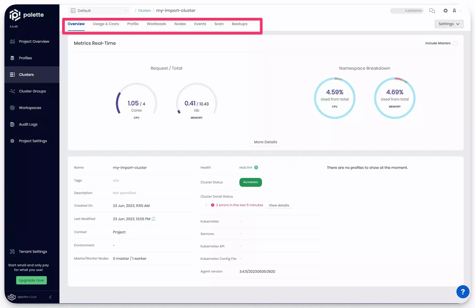 A cluster details page with an imported cluster after a completed migration