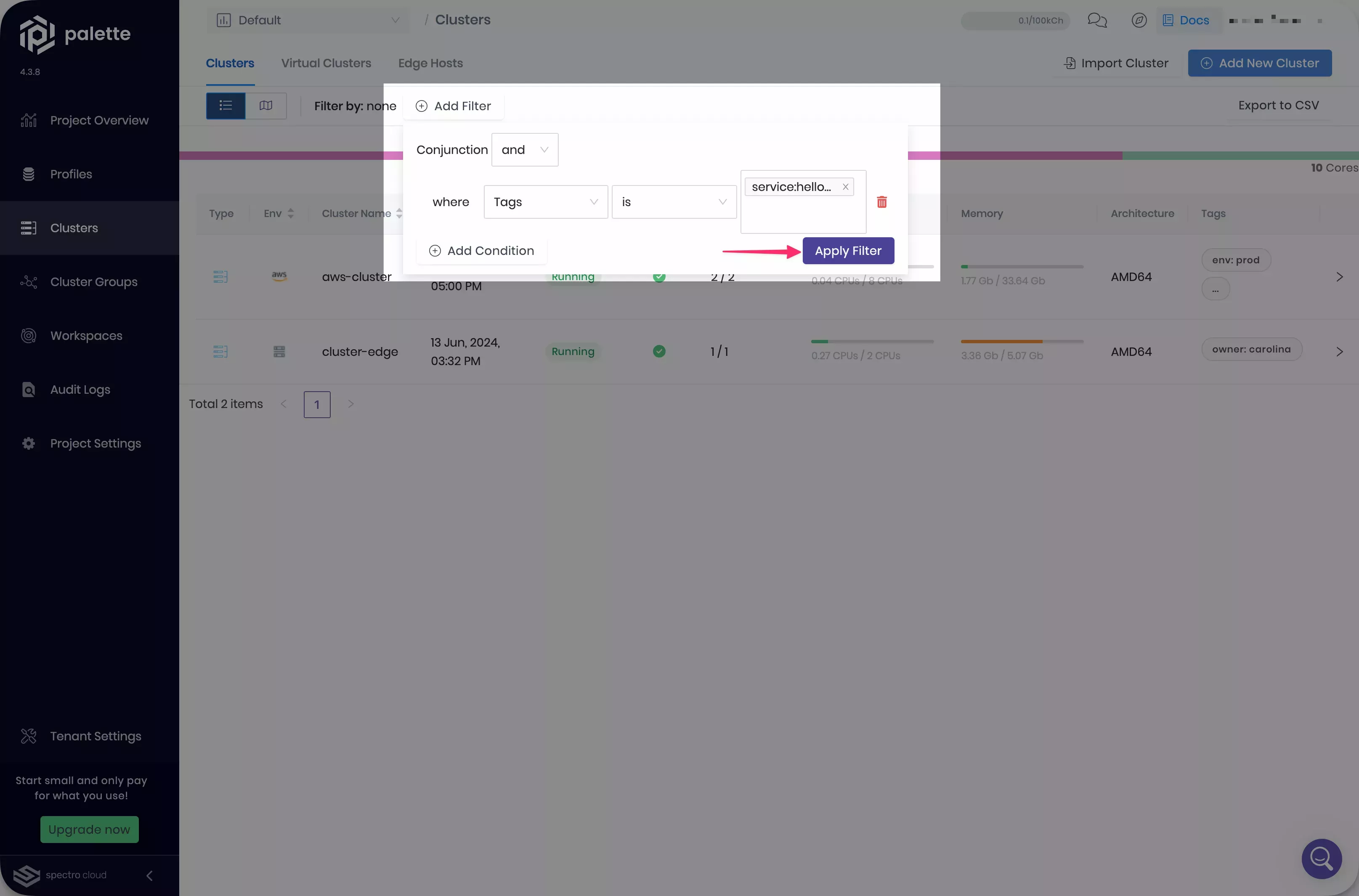 Image that shows how to add a frontend service filter