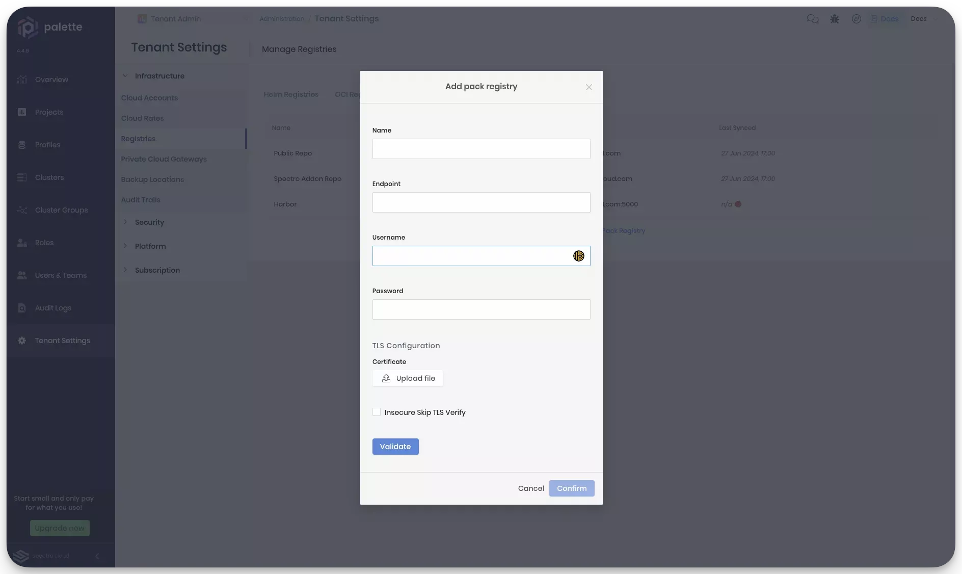 A screenshot highlighting the fields to configure a custom pack registry. 