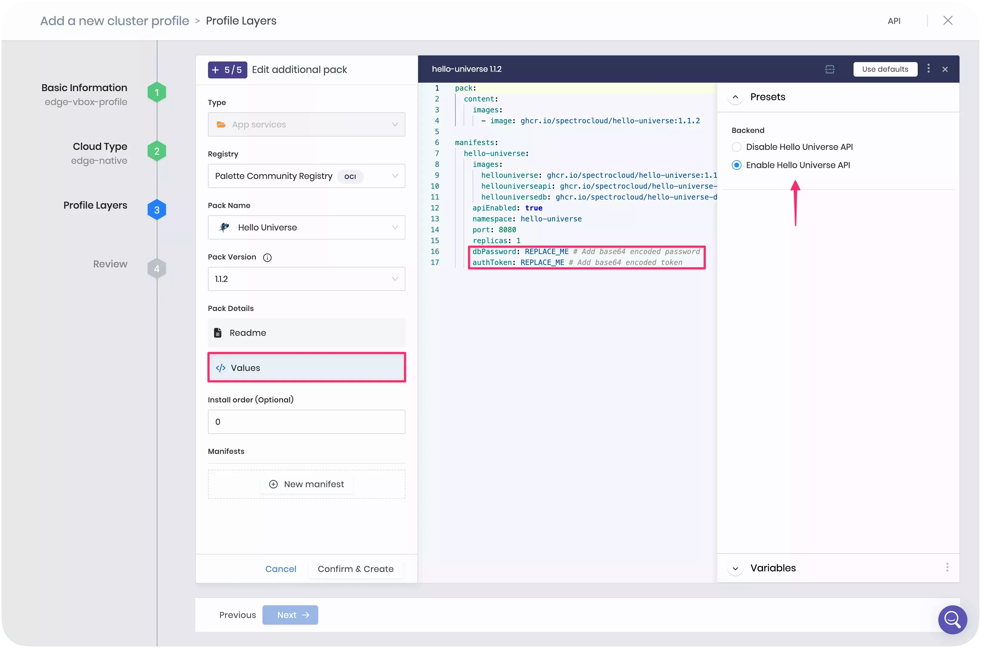 A screenshot of the cluster profile creation step with the Hello Universe layer.